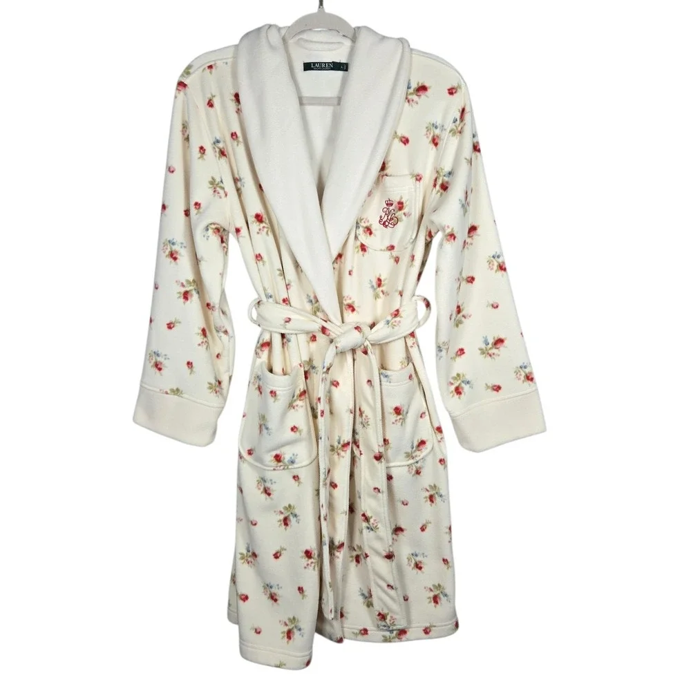 Lauren Ralph Lauren Robe Women Large Cream Floral Fleece Belted Plush Loungewear